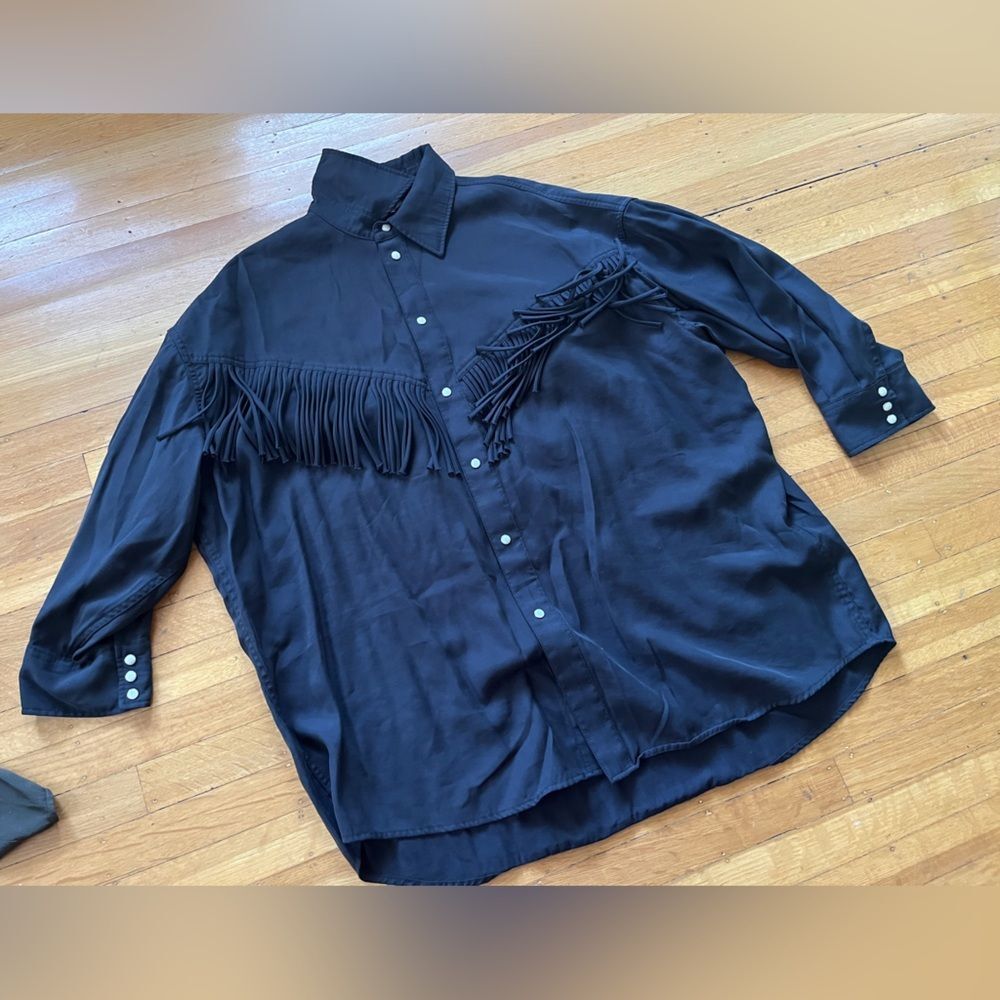 MOUSSY oversized fringe western coastal cowgirl shirt baggy black drapey S M L X
